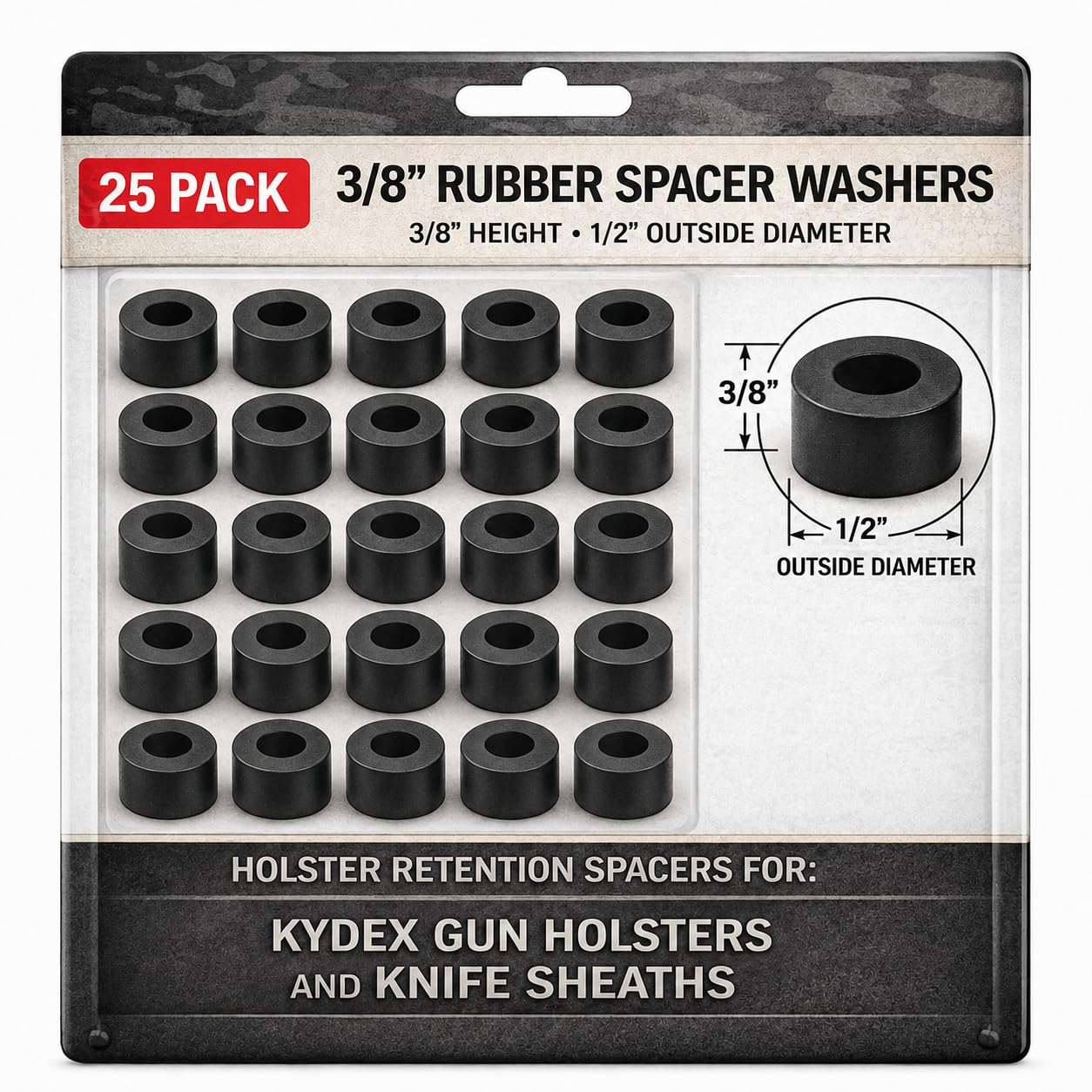 Black Rubber Spacer Washers, 3/8 Inch Thick, 25 Pack